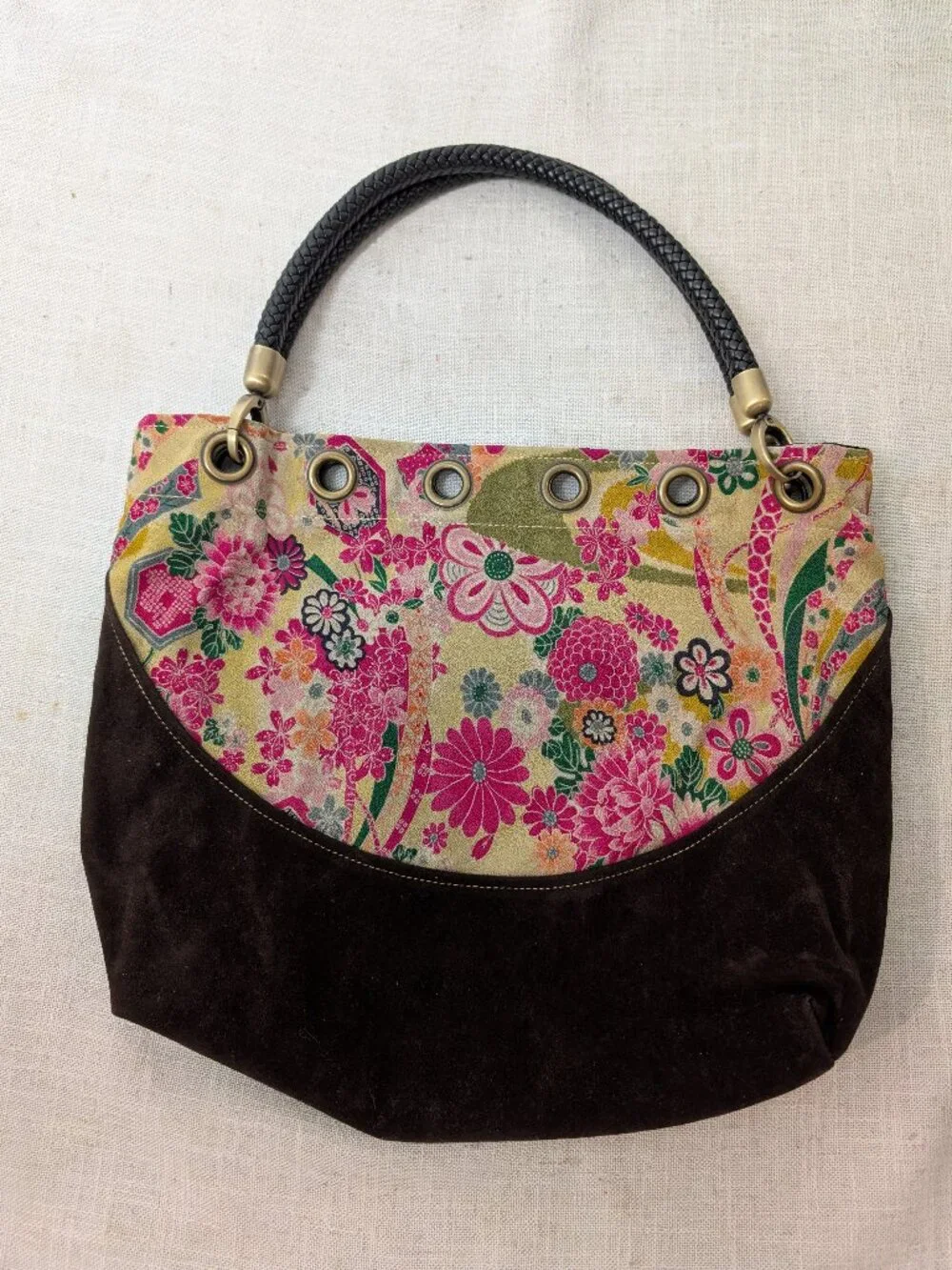 Eastern Serenity Floral Brown Faux Suede Handbag Satchel